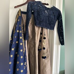 Navy Lace Crop Top with Taupe Skirt and Gold-Accented Navy Dupetta medium